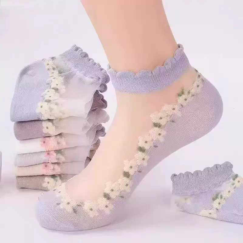 袜子女夏季水晶袜玻璃丝短袜七色绣花卡丝船袜超薄