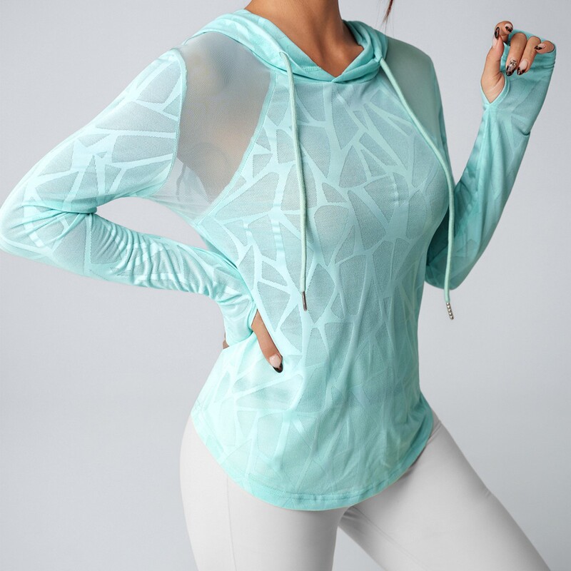 Cross-border women's fitness running training yoga mesh patchwork women's sports hooded long-sleeve shirt Cross-border women's fitness running training yoga mesh patchwork women's sports hooded long-sleeve shirt