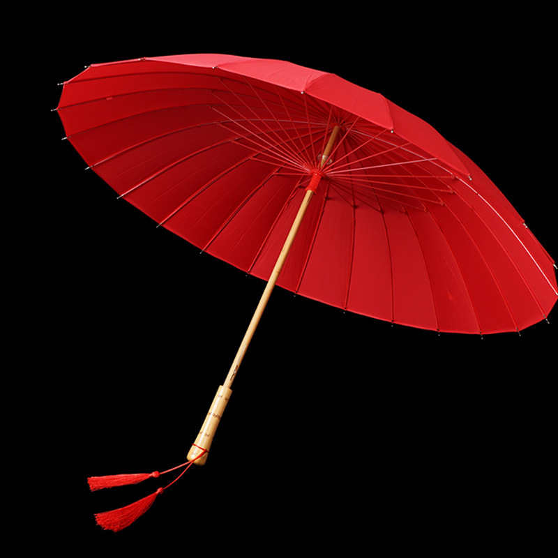 24 Bone Red Wedding Long Handle Bridal Umbrella Wedding Chinese Style Wedding Art Umbrella Accompanying Wedding Red Umbrella Wedding