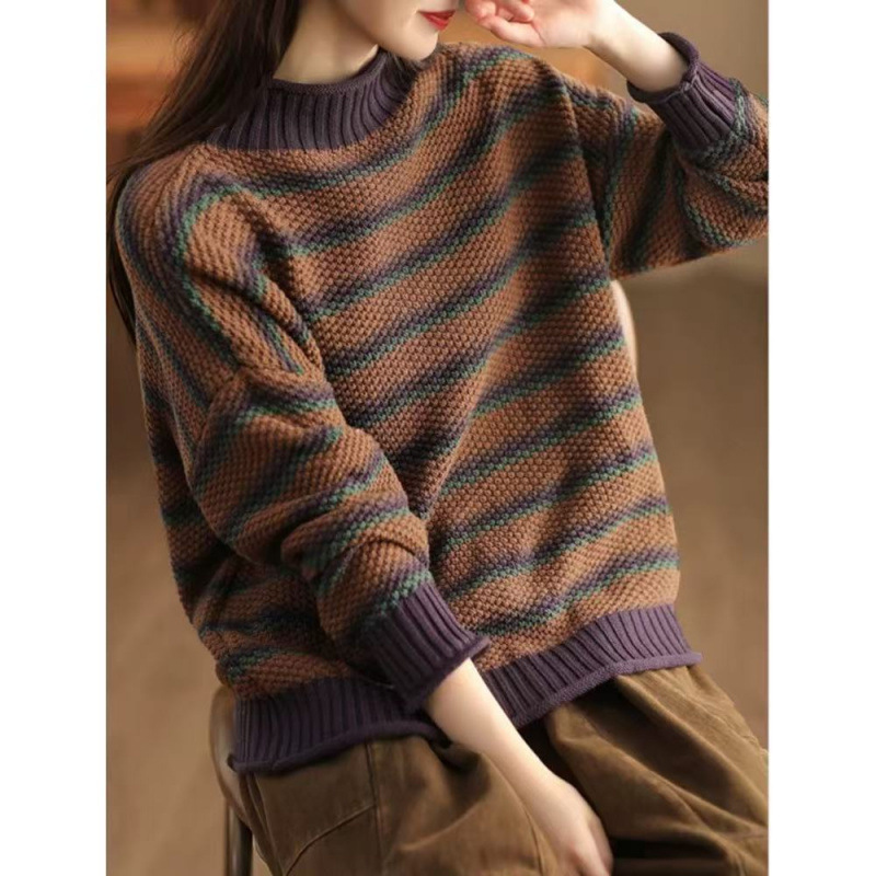 2025 primavera nuevo retro piña jersey de punto suéter de moda de mujer color mosaico doblado jersey de algodón chaqueta artística