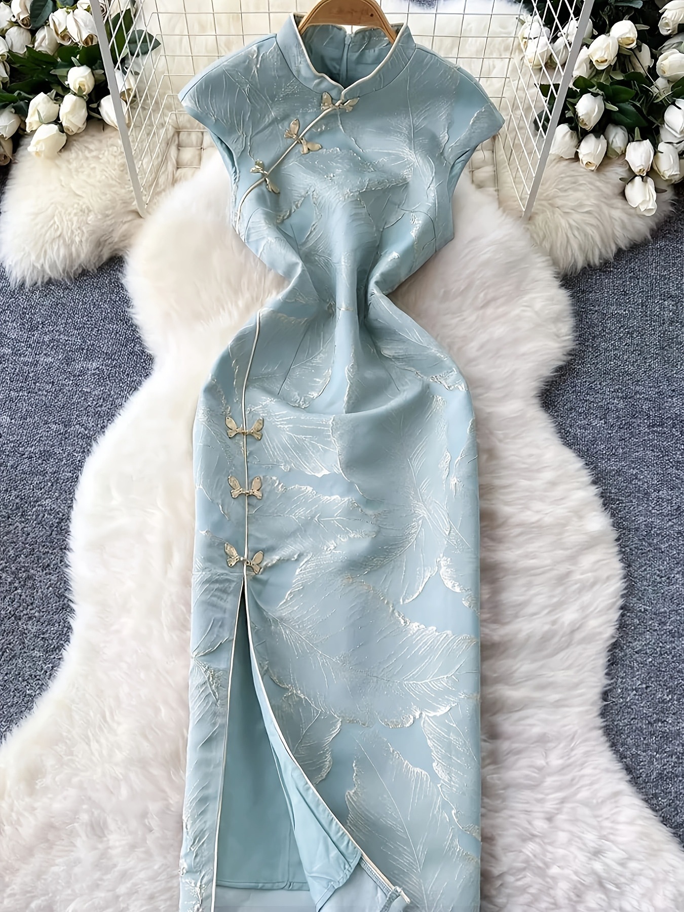 Nuevo elegante cross-border europeo y americano nuevo estilo chino con cara de caballo, cuello de rana, abrazadera de abrazadera, cheongsam, estampado, Jacquard, vestido delgado image 1