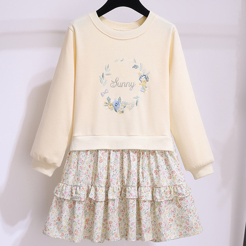 Girls' dress spring long-sleeved fashionable fake two-piece sweatshirt spliced ​​floral skirt spring and autumn children's princess skirt