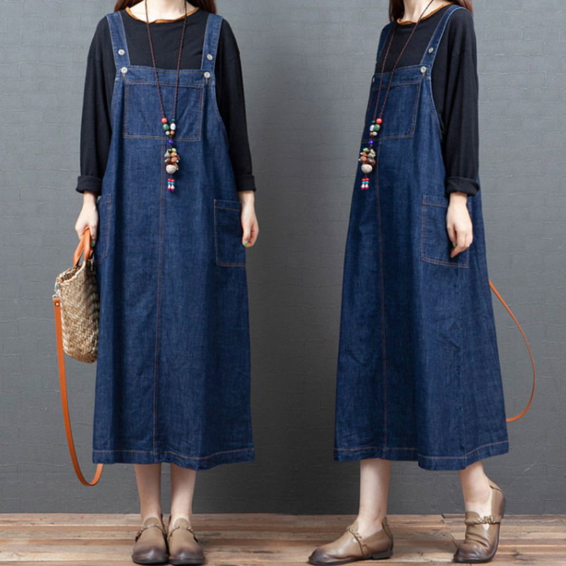 Real Shot of the 2025 Summer New Korean Style Loose, Simple, Casual, Mid-Length, Slimming Solid Color Denim Suspender Dress