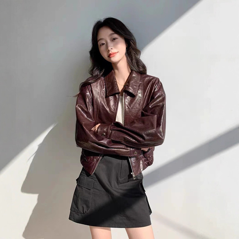 Autumn New Product Genuine Leather Sheepskin Oil Wax Retro Women's Lapel Loose Fashion Leather Jacket 2025 New Style