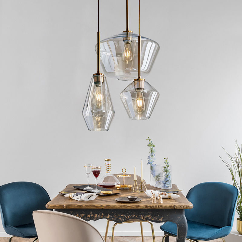 Nordic Restaurant Chandelier Modern Simple Living Room Theme Cafe Bar Three-head Combination Glass Lampshade Hanging Lamps