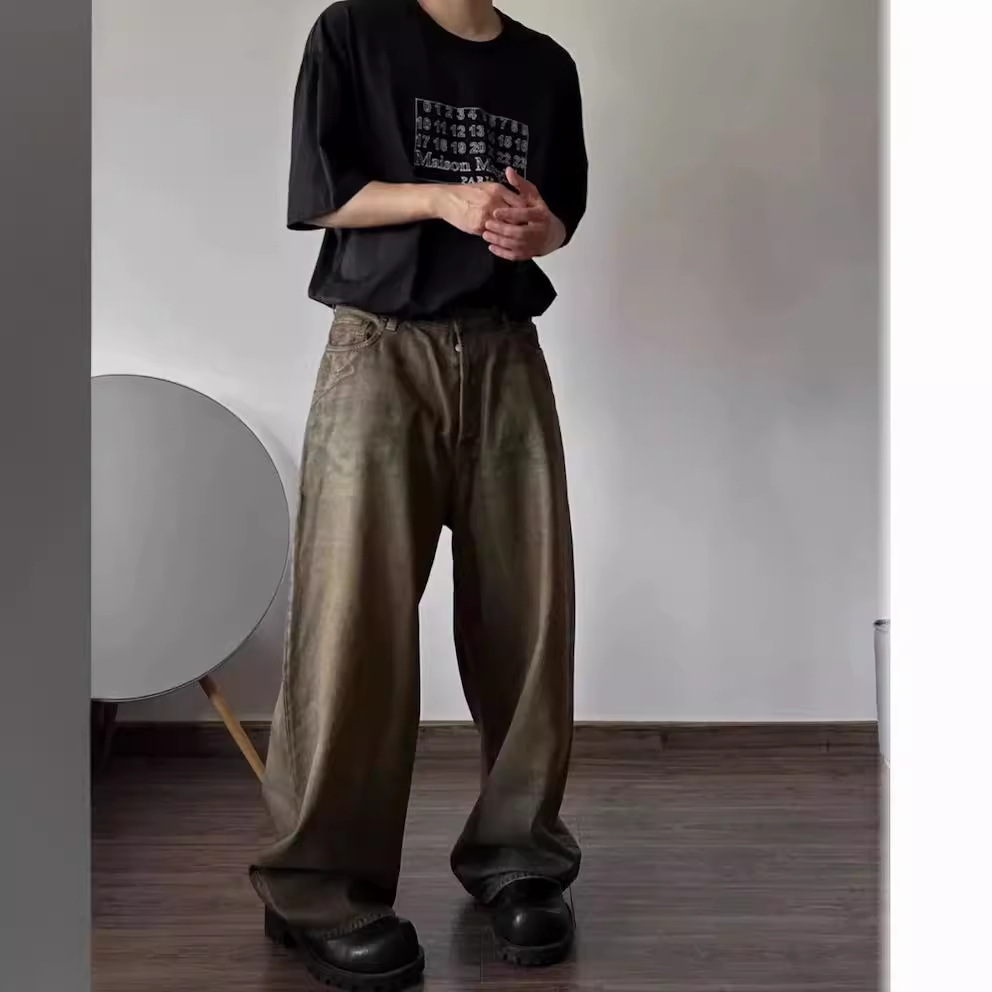 Herrenbekleidung High Street Lockerer Jeans-Overall im Pariser Stil mit Wachsbeschichtung und leicht ausgestelltem Bein_voghion.com