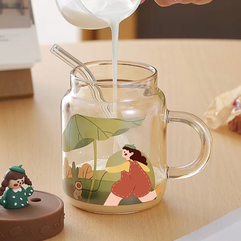 Creativo lindo niña muñeca vidrio con tapa de paja taza de agua de alto aspecto de jugo de leche taza del hogar