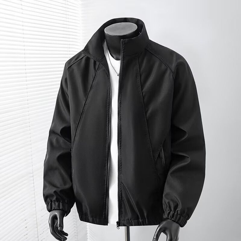 Black stand-up collar split-line jacket, men's loose-fit raglan sleeve outerwear, simple solid color casual jacket, affordable windbreaker, wholesale Black stand-up collar split-line jacket, men's loose-fit raglan sleeve outerwear, simple solid color casual jacket, affordable windbreaker, wholesale
