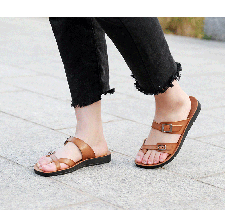 Dép sandal nữ quai ngang đế bệt thoáng khí kiểu Hàn Quốc — Màu Sâm panh, Nâu vàng, Nâu Đen chi tiết 11