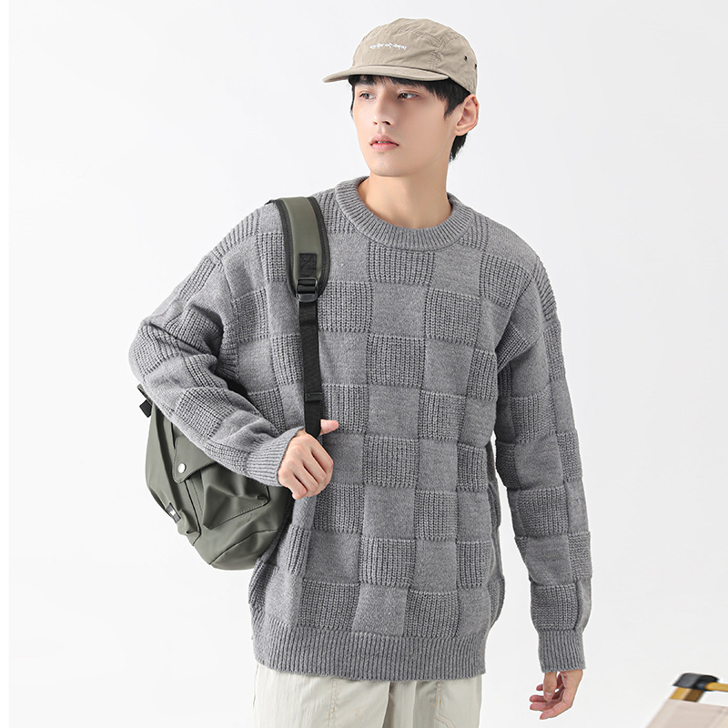 Checkerboard Knitwear Men's Trendy Brand Thickeneded Warm Zodiac Year Big Red Bottoming Shirt Lazy Style Round Neck Knitwear