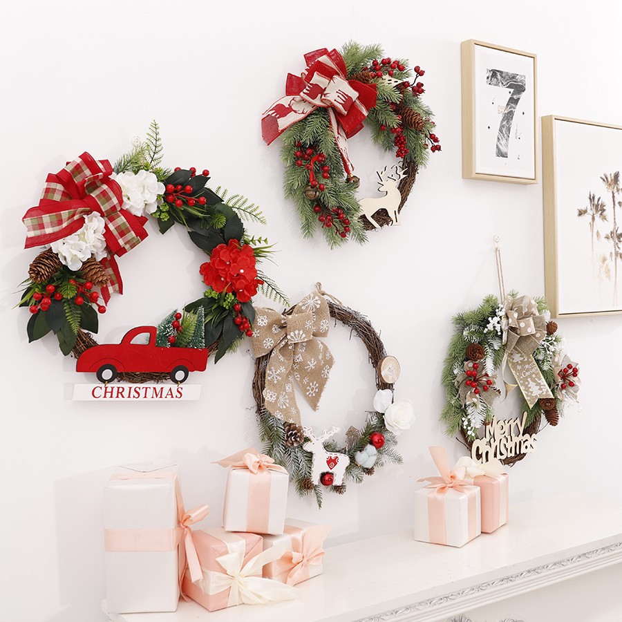 Navidad guirnalda puerta colgante anillo de ratán hotel centro comercial ventana escena diseño estilo europeo y americano decoraciones adornos