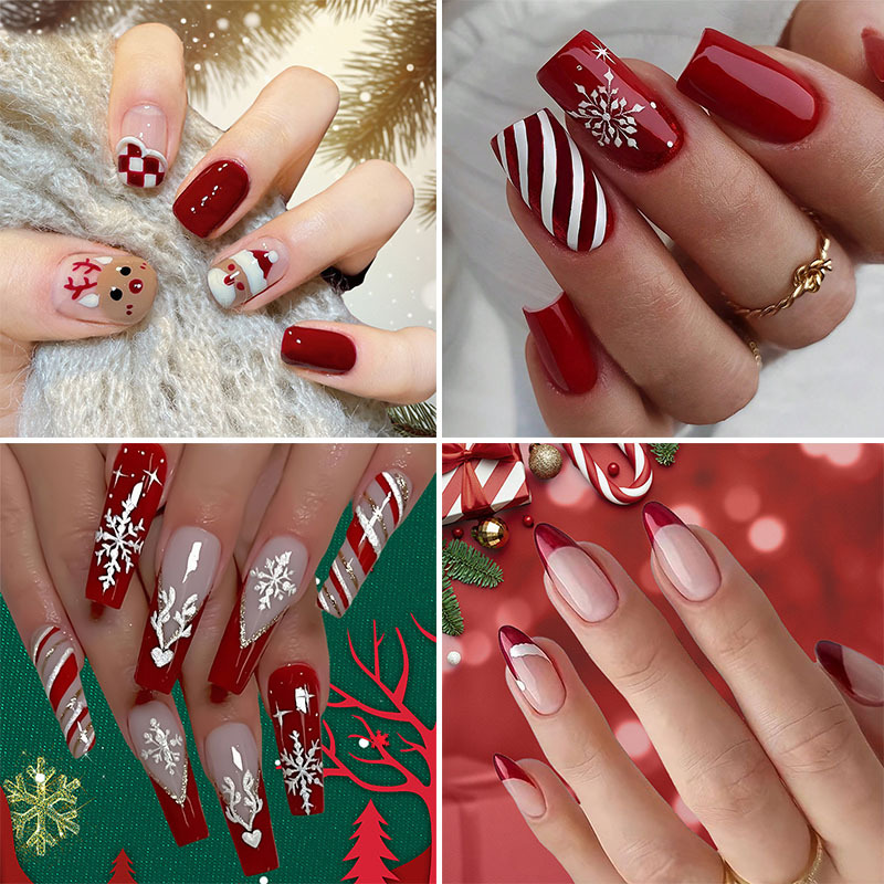 Uñas postizas navideñas, uñas largas festivas, parches de uñas postizas desmontables, manicura con diseño de copo de nieve de Papá Noel