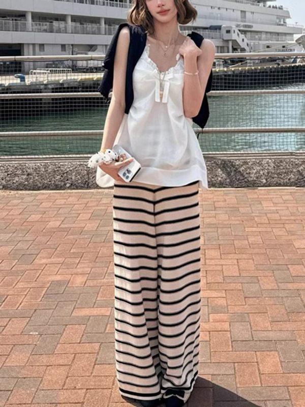 新しく改訂されたネイビー＆ガールカラーの立体ストライプワイドニットパンツ夏用ゆったりドレープフロアレングスパンツ|undefined