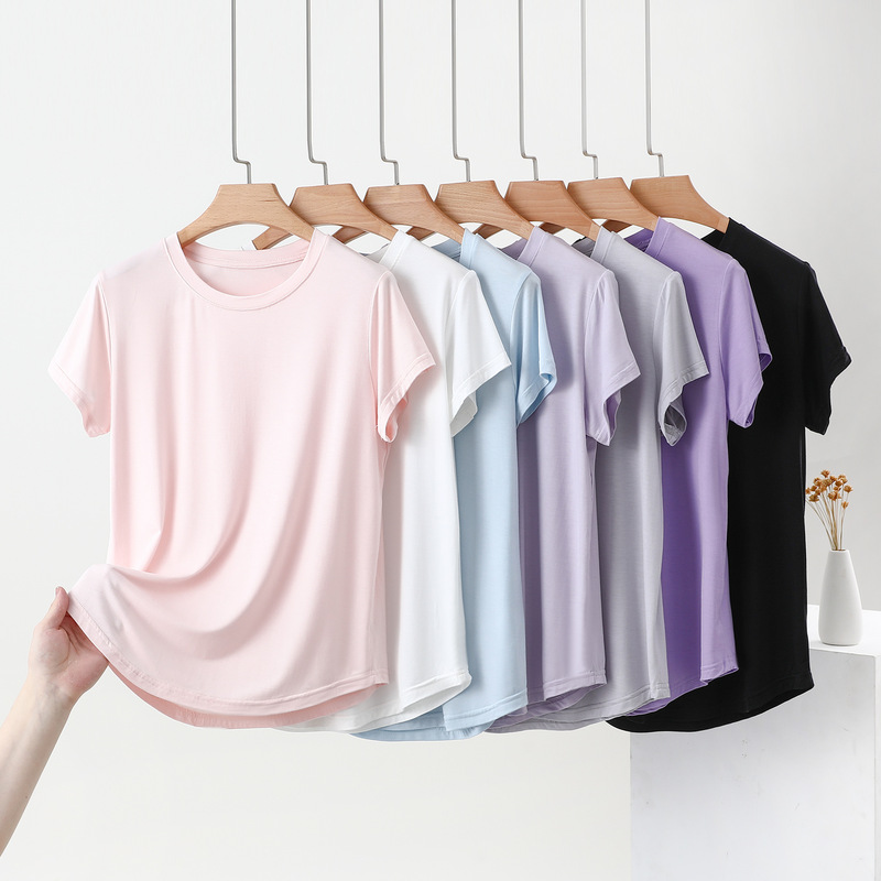 Youkesi Hemmed Round Neck Large Size Loose Short-Sleeved Wide Bottoming Shirt Summer Casual Simple Thin Pure Color Women's Top