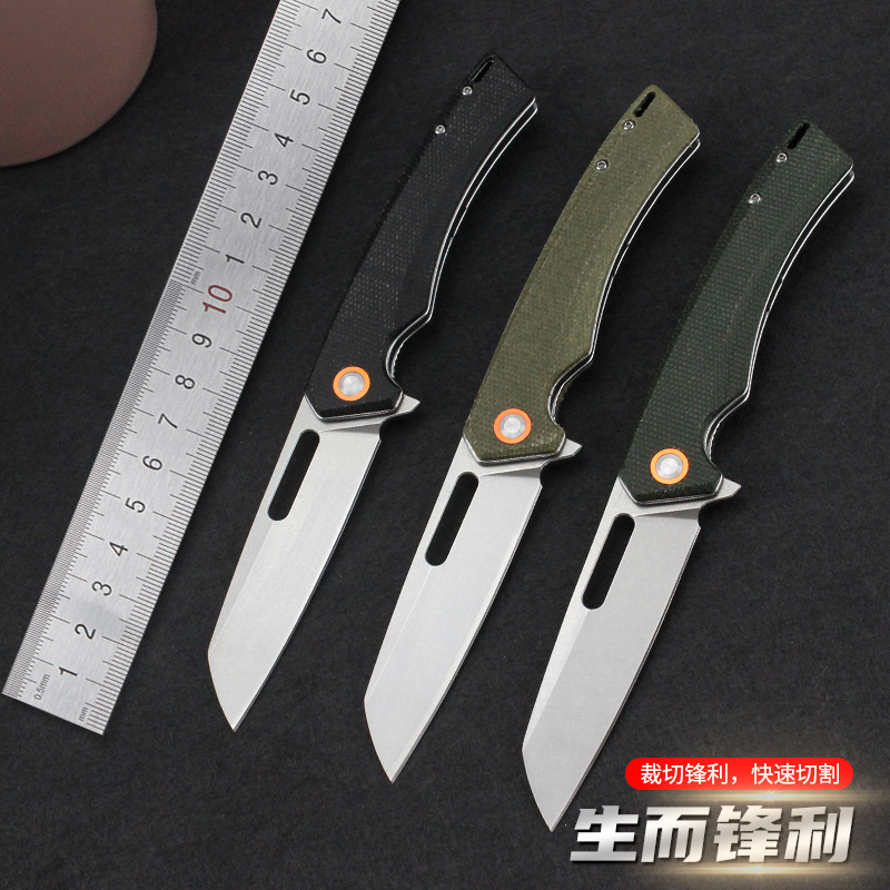 GT957户外折叠刀 亚麻柄多功能口袋D2小刀 随身野营刀荒野折刀