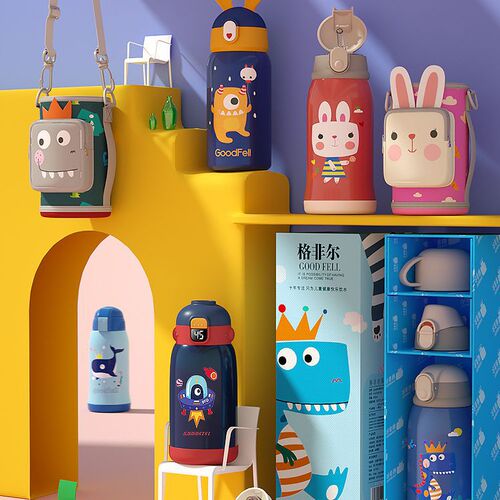 316 stainless steel children's thermos cup baby cartoon tiger straw pot belly cup student strap portable thermos kettle