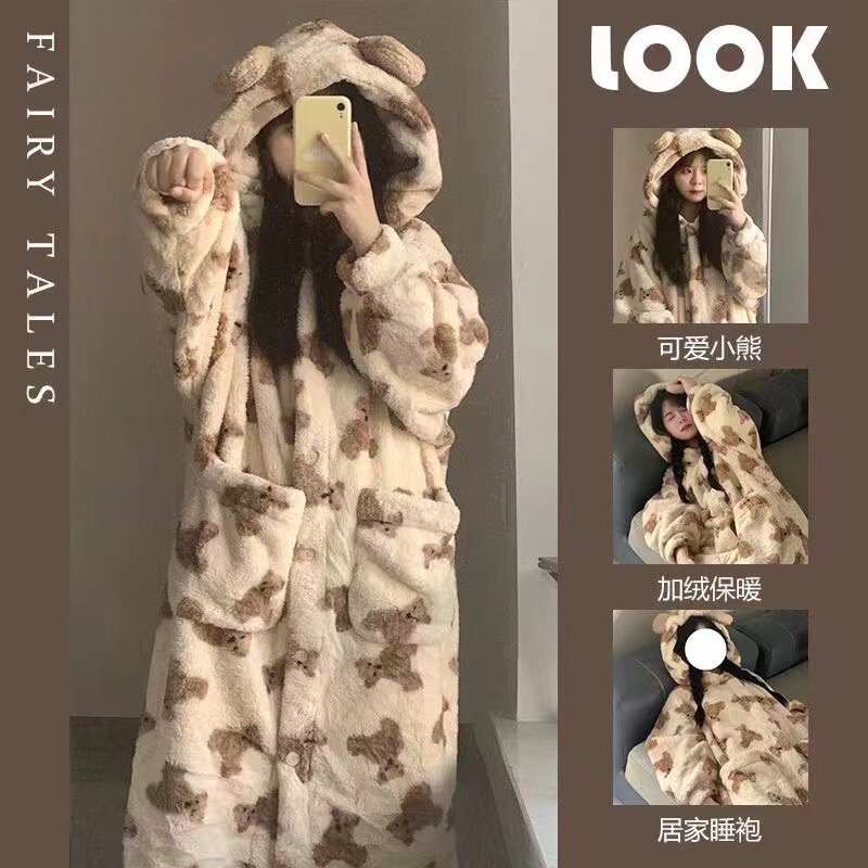 2025 New Autumn and Winter Coral Velvet Pajamas for Women, Winter Fleece-Lined Thickened Nightgown, Long Robe, Plush Loungewear Set 2025 New Autumn and Winter Coral Velvet Pajamas for Women, Winter Fleece-Lined Thickened Nightgown, Long Robe, Plush Loungewear Set