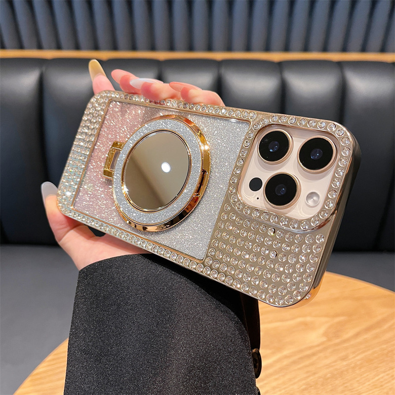 ダイヤモンド付きフォトフレームシェル、グラデーショングリッターペーパー+ミラー付きスタンド、iPhone16promax、Apple17対応スマホケース|undefined