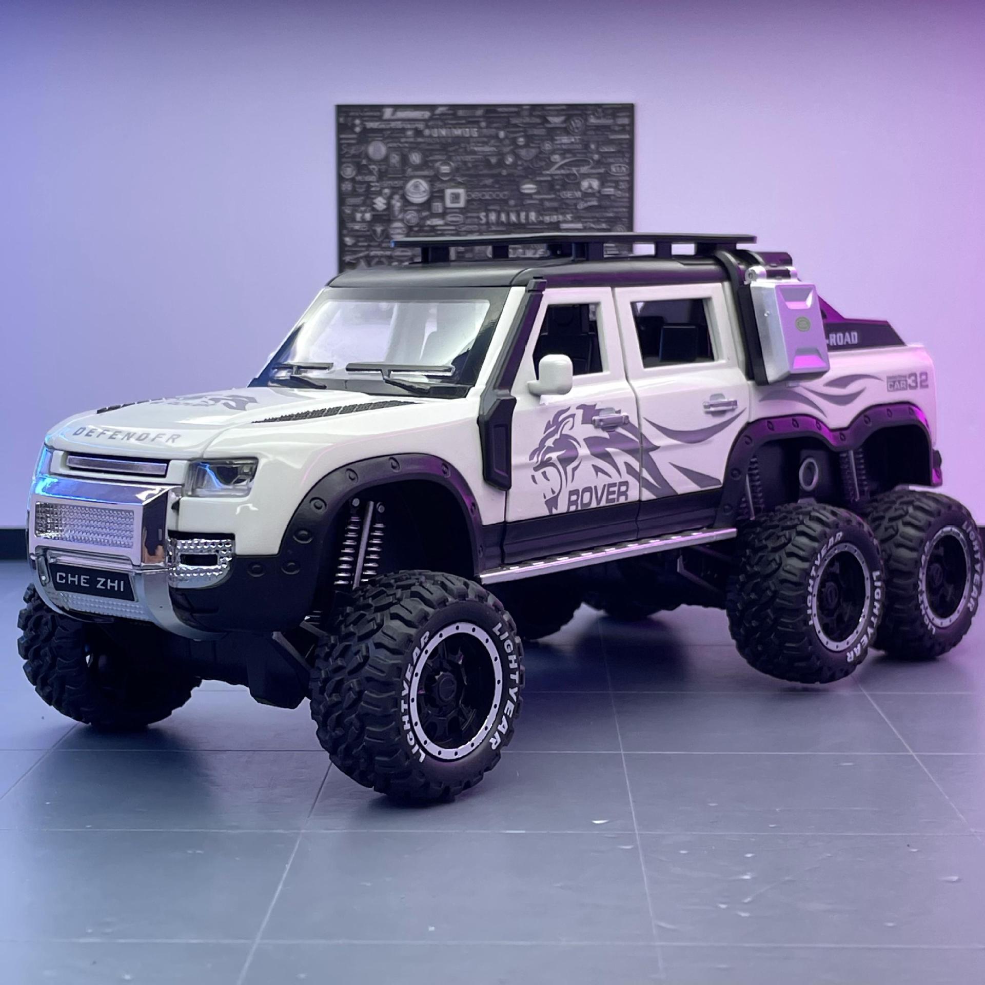 Coche a modelo de coche de aleación 1 a 24 Land Rover Defender 6X6 pickup todoterreno retroceso sonido y luz decoración del modelo de coche de juguete