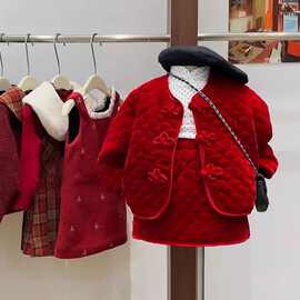 黁白新女童国风套装冬季宝宝过年拜年服儿童喜庆红色夹棉外套短裙