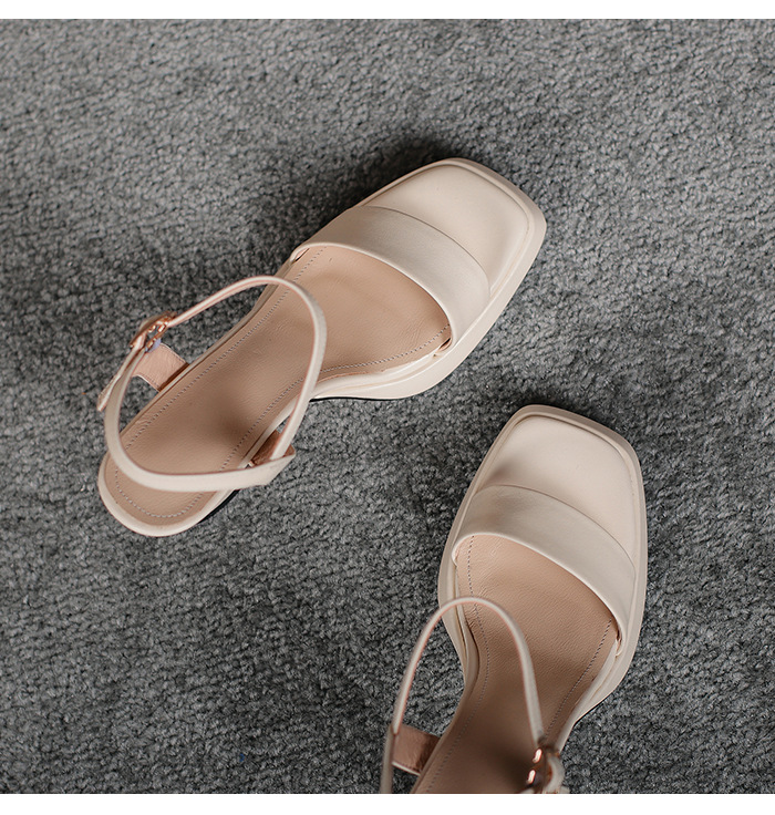 Sandal cao gót nữ quai ngang hở mũi da bò thật khóa thời trang — Màu đen chi tiết 17