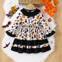 女の子のハロウィンドレス、耳付きレース、フルプリントのカボチャ、猫、コウモリプリント、大きな裾のスカート