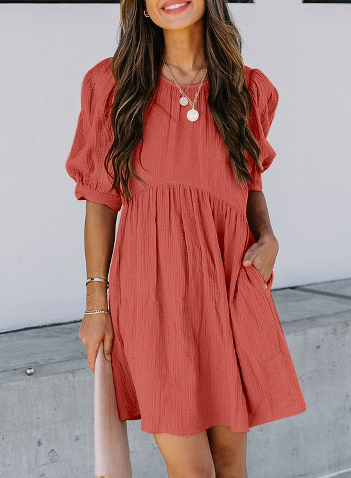 Women Plain Color Puff Sleeve Pleated Wholesale Swing Dresses With