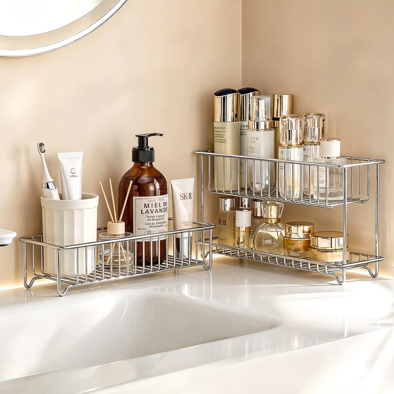 Double-layer stainless steel cosmetic storage rack, bathroom washstand desktop organizer, light luxury style draining shelf Double-layer stainless steel cosmetic storage rack, bathroom washstand desktop organizer, light luxury style draining shelf
