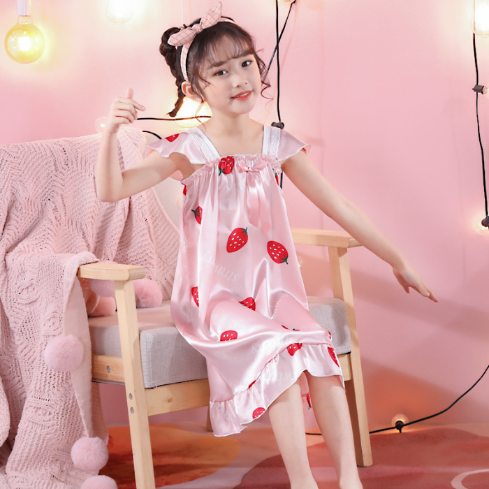 Pijama infantil princesa viento de verano nuevo pijama de niñas mangas cortas fresas oso vestido de dibujos animados ropa para el hogar