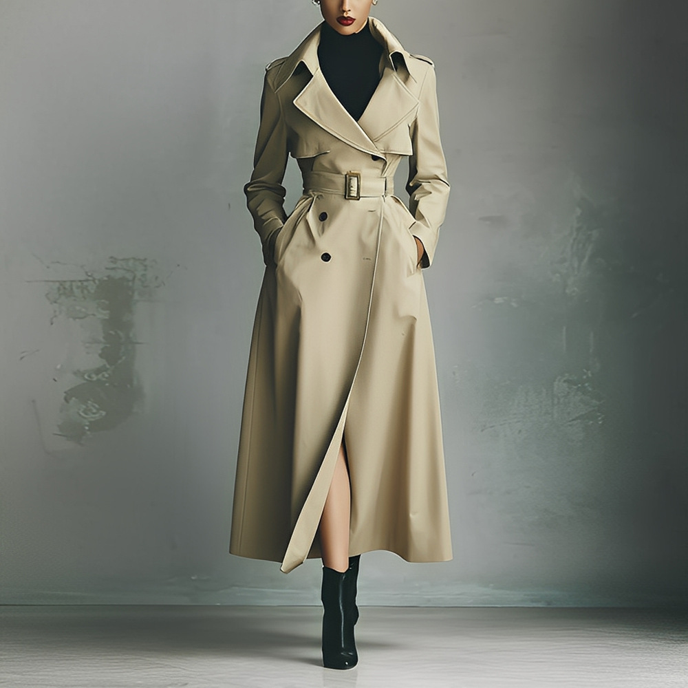 Amazon Cross-Border 2025 Autumn and Winter New Style British Style Versatile Slim Long Coat Women's Windbreaker Jacket