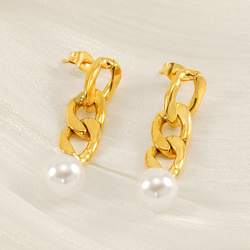 Pendientes transfronterizos europeos y americanos de acero de titanio de viento de 18K para mujer Pendientes de cadena cubana de acero inoxidable para mujer Pendientes largos de perlas para mujer