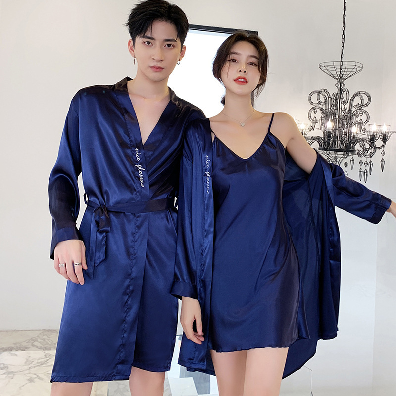 Couple Pajamas Women's Spring and Autumn Ice Silk Thin Home Clothes Men's Single Nightgown Women's Sexy Suspenders Nightgown Two-piece Set