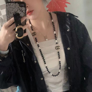 Chanel style new black and white Jane long bead necklace trendy fashion high-end Cold style sweater chain Women's