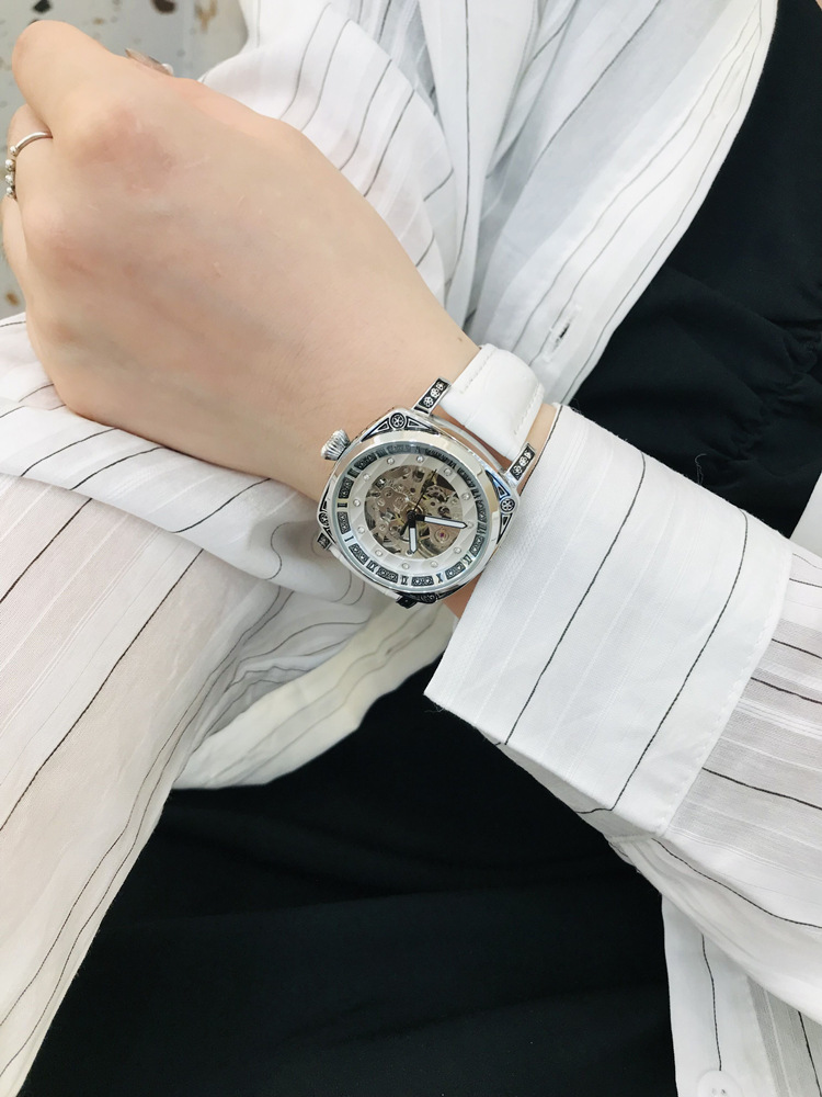 Double-sided hollow women's watch mechanical watch square retro carved Internet celebrity high-end couple watch men's watch belt_voghion.com