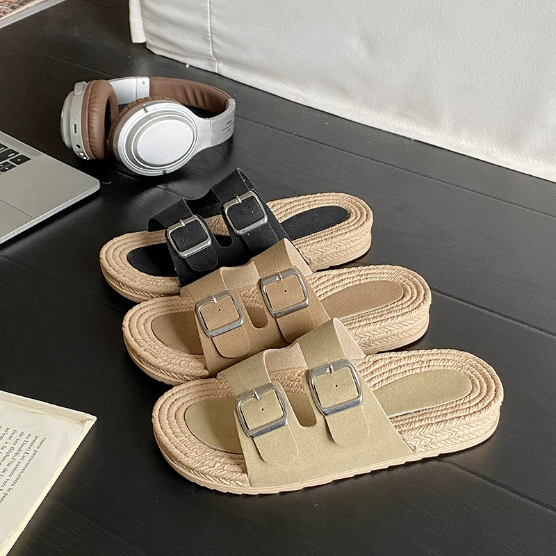 Трансграничные тапки с толстой подошвой женщины 2025 лето новый внешний пояс пряжки шпагат модный ленивый человек удобное слово круто