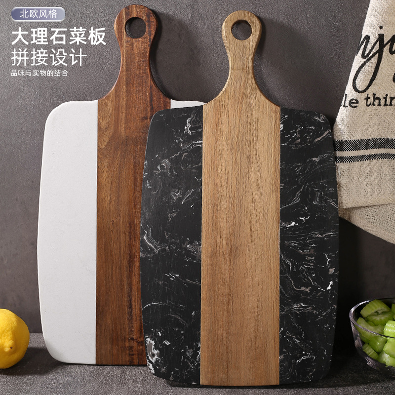 Empalme de mármol, tipo de raqueta de madera de acacia, tabla de cortar para el hogar, tabla de cortar, cocina occidental creativa, fabricante de placa plana, lugar transfronterizo