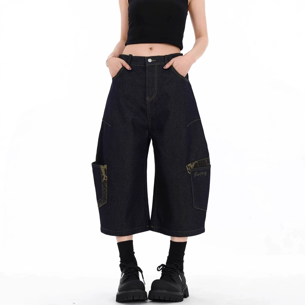 2025 Американские ретро джинсы с леопардовым принтом и вставками для женщин, прямые широкие брюки для весны и осени оптом.