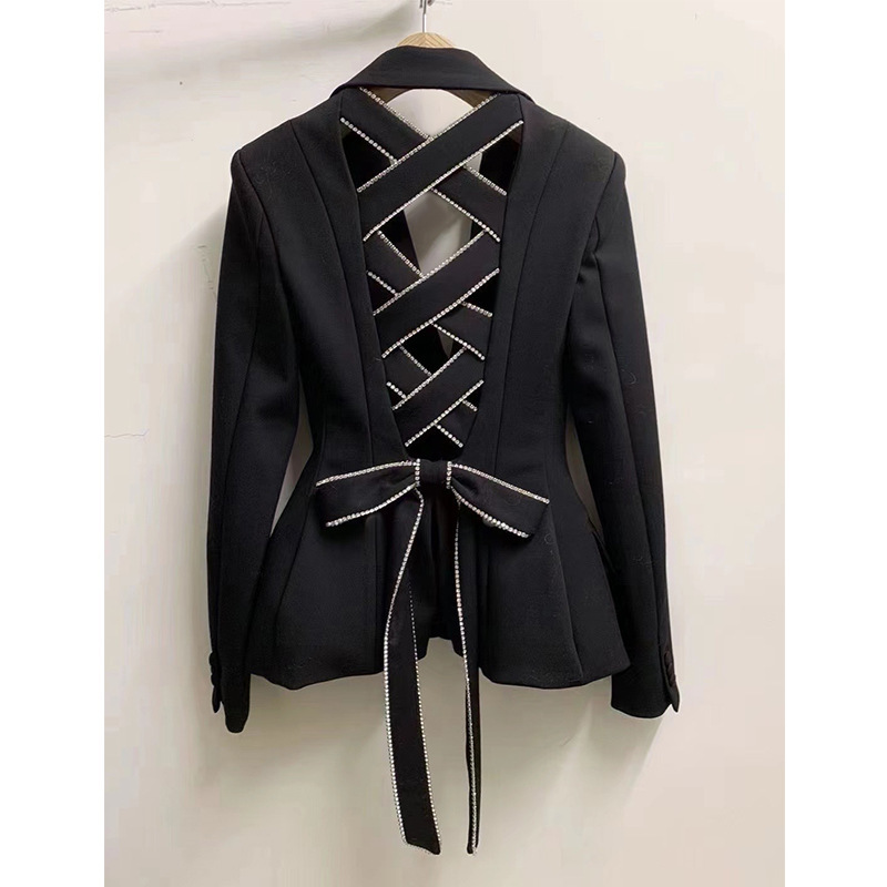 In-Stock Socialite Rhinestone Back Cross Hollow Bow Suit with a Unique Design, Waist-Cinching Slimming Blazer