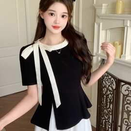 设计感蝴蝶结系带短袖恤女夏大码胖显瘦独特漂亮开叉上衣