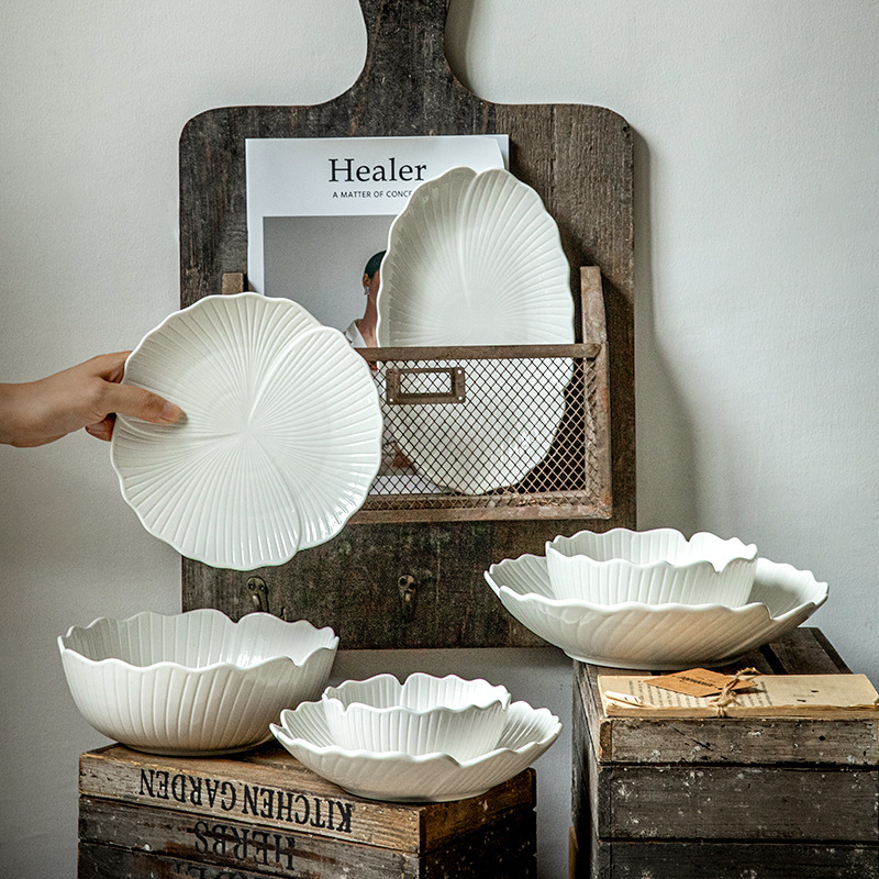 Export South Korea Pure White Ginkgo Leaf Bowl suit Western Food Plate Pish Plate Steak Plate Ceramic Tableware Plate