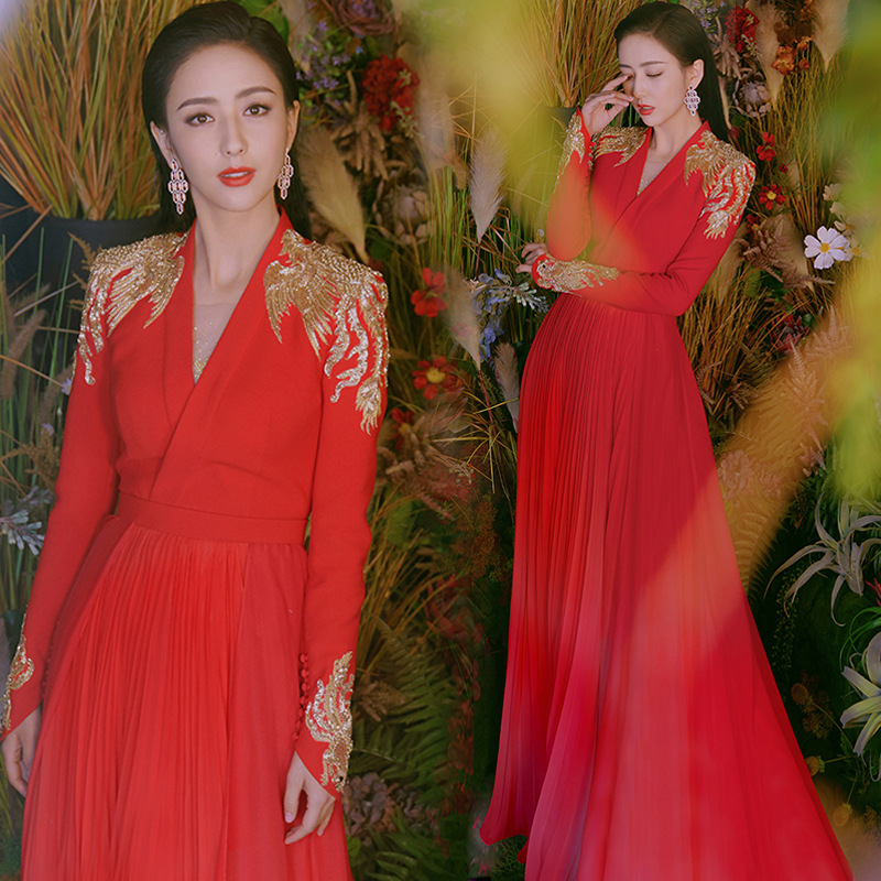 Long Elegant Red Wedding Dress For Brides Engagement Reunion Banquet Evening Gown Women's Party Wear_ecoleips.com