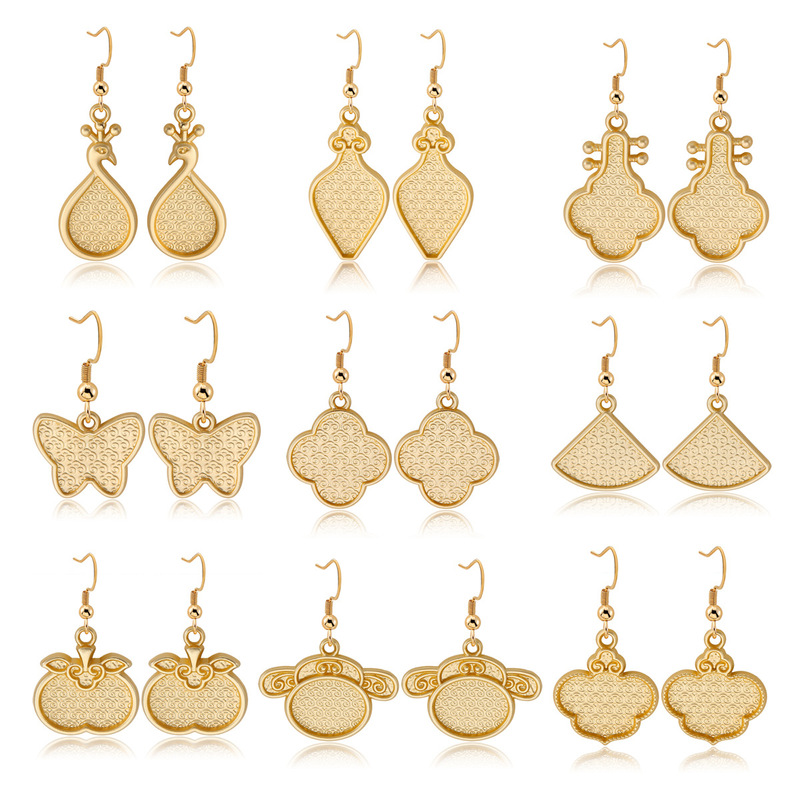 New Style Imitation 925 Silver Needle Ear Hooks with Leather Patchwork Song Brocade Earrings, Matte Gold with Cover Base, DIY Handmade Accessories