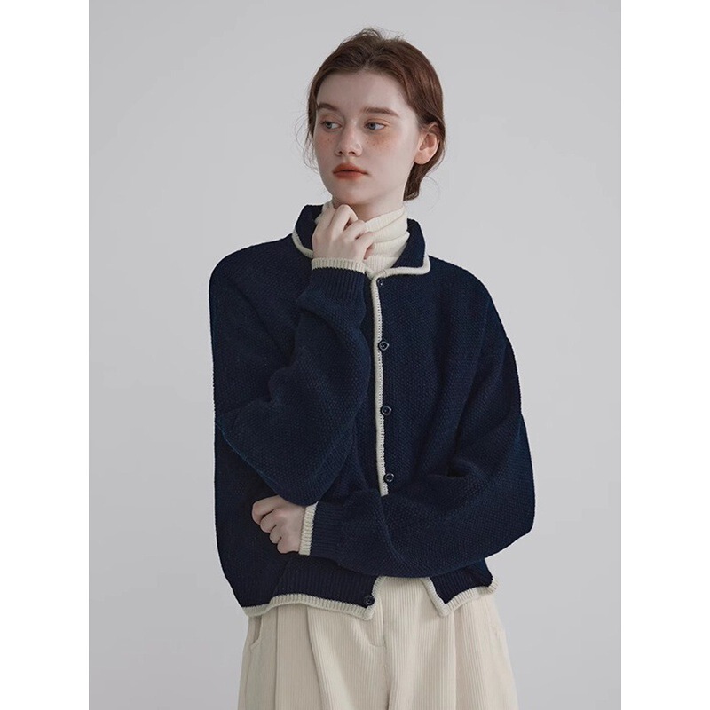 Sulenger Two-Color All-Wool Contrasting Silhouette Thick Knitted Button Sweater Cardigan Women's Short Jacket