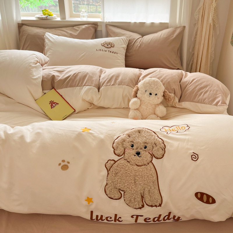 New Foreign Trade A-Class Applique Cartoon Ins Style Washed Cotton Thickened Warm Four-Piece Dormitory Bed Three-Piece Set
