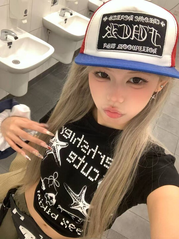 アメリカンレトロ Y2K 夏新プリントショートトップ純綿ヒップホップホットガールジャズダンス半袖 Tシャツ女性のための|undefined