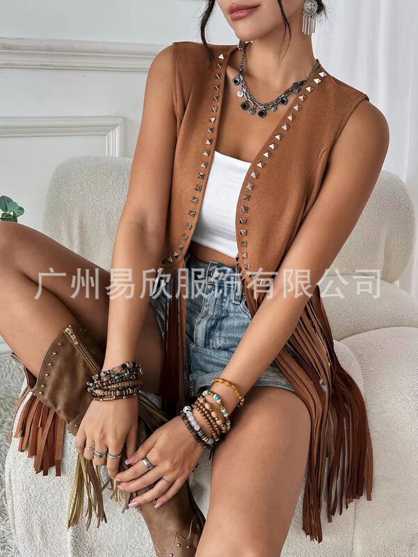 女式流苏 60 年 70 年代嬉皮背心无袖牛仔西部人造鹿皮绒流苏夹克|undefined