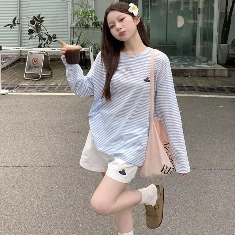 薄い漫画刺繍ストライプ長袖ブラウス Tシャツ女性の夏のデザインミッドレングスルーズ日焼け止めトップ|undefined
