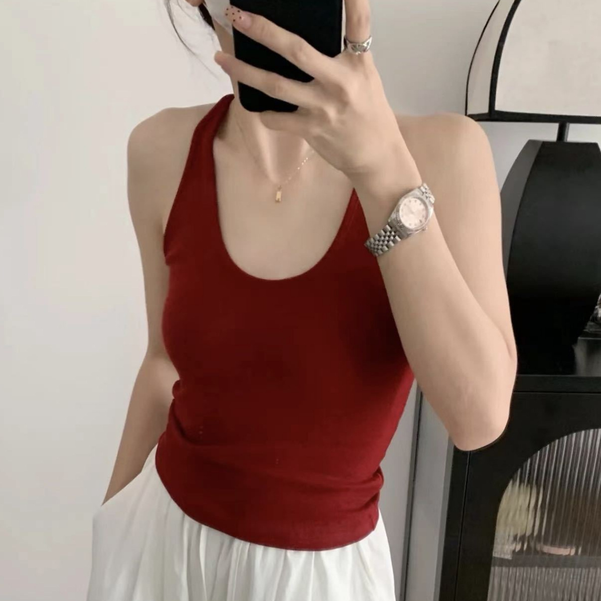 New Hanging Neck U-Neck Xizang Blue Camisole Vest Women with Chest Pad I-Back Summer Inner Base Top