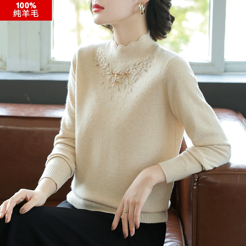 Женский свитер из 100 чистой шерсти для женщин среднего и пожилого возраста, осенне-зимний кашемировый свитер для матери среднего возраста, базовый слой рубашки, топ в западном стиле
