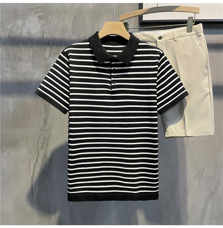 Men's Slim Fit Polo Shirt Striped Short Sleeve Ice Silk T-Shirt Business Casual Lapel Summer Top POLO Clothing_viptrois.com